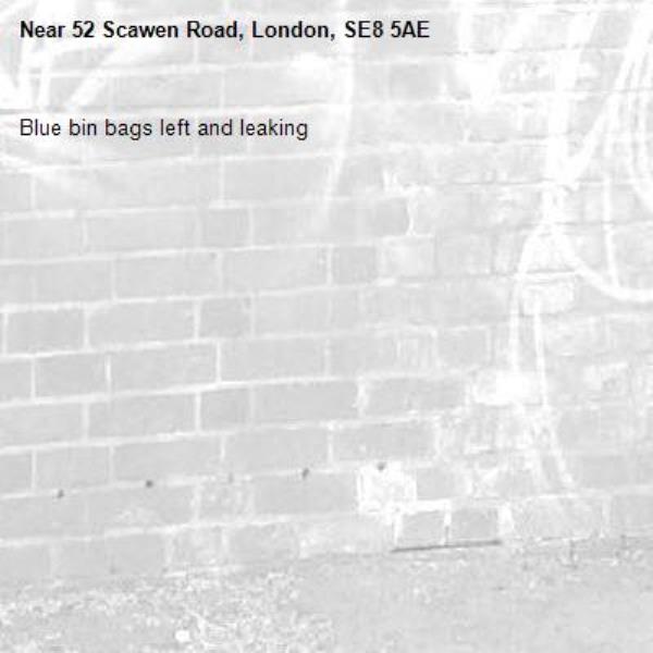 Blue bin bags left and leaking -52 Scawen Road, London, SE8 5AE