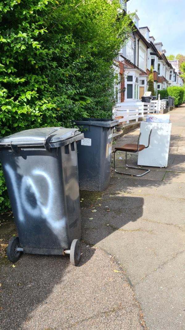 Fridge chair frame and bins out its been here for over 2 weeks -Flat 1, 102 Westcotes Drive, Leicester, LE3 0QS