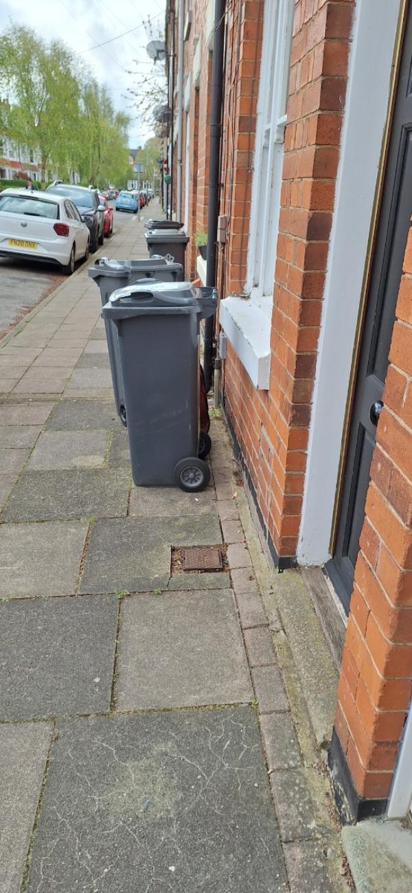 Fourth time of reporting this issue .51.53.55 west avenue do not put their bins away . This is an obstruction for blind people and disabled motor scooter users .-53 West Avenue, Leicester, LE2 1TS