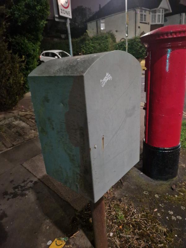 There's graffiti on the post box, and the grey box, as well. Please resolve this issue.-2 Avebury Avenue, Leicester, LE4 0FN