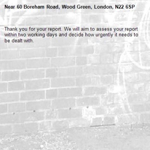 Thank you for your report. We will aim to assess your report within two working days and decide how urgently it needs to be dealt with.-60 Boreham Road, Wood Green, London, N22 6SP