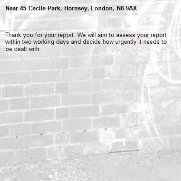 Thank you for your report. We will aim to assess your report within two working days and decide how urgently it needs to be dealt with.-45 Cecile Park, Hornsey, London, N8 9AX