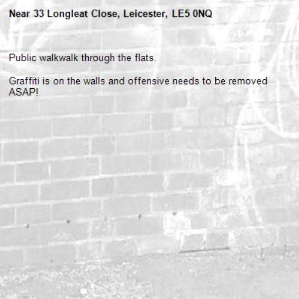 Public walkwalk through the flats.

Graffiti is on the walls and offensive needs to be removed ASAP! -33 Longleat Close, Leicester, LE5 0NQ