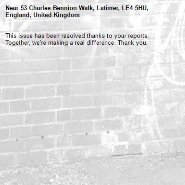 This issue has been resolved thanks to your reports.
Together, we’re making a real difference. Thank you.
-53 Charles Bennion Walk, Latimer, LE4 5HU, England, United Kingdom