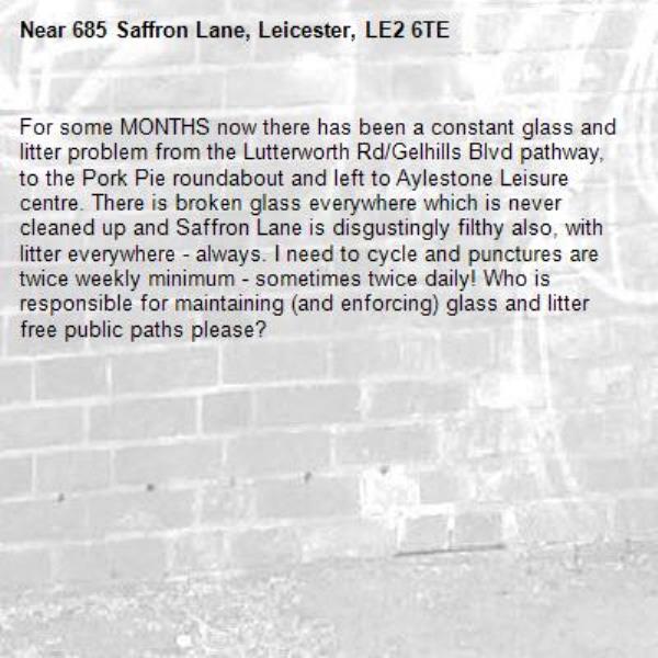 For some MONTHS now there has been a constant glass and litter problem from the Lutterworth Rd/Gelhills Blvd pathway, to the Pork Pie roundabout and left to Aylestone Leisure centre. There is broken glass everywhere which is never cleaned up and Saffron Lane is disgustingly filthy also, with litter everywhere - always. I need to cycle and punctures are twice weekly minimum - sometimes twice daily! Who is responsible for maintaining (and enforcing) glass and litter free public paths please?-685 Saffron Lane, Leicester, LE2 6TE