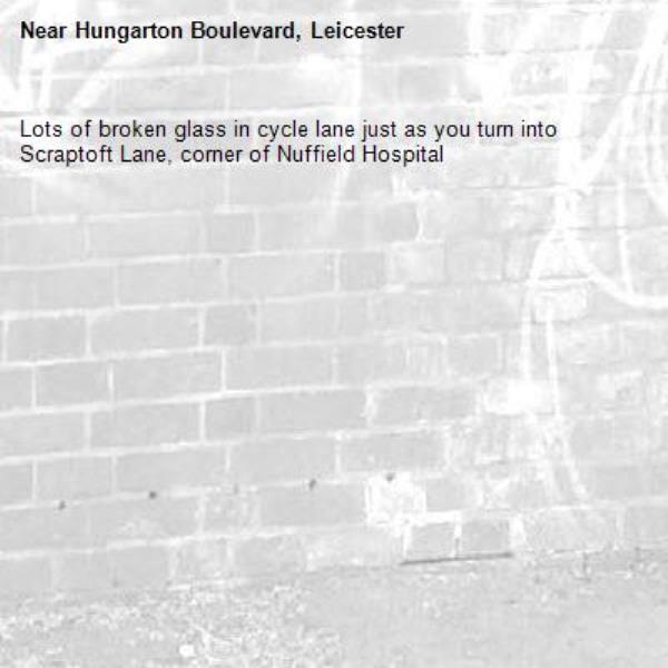 Lots of broken glass in cycle lane just as you turn into Scraptoft Lane, corner of Nuffield Hospital-Hungarton Boulevard, Leicester