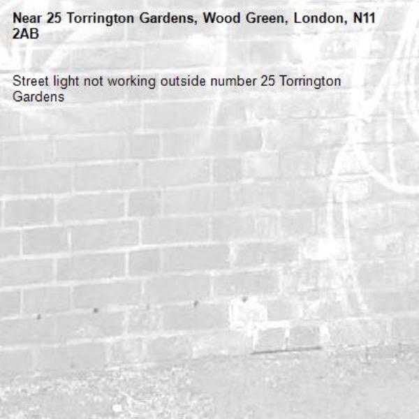 Street light not working outside number 25 Torrington Gardens-25 Torrington Gardens, Wood Green, London, N11 2AB