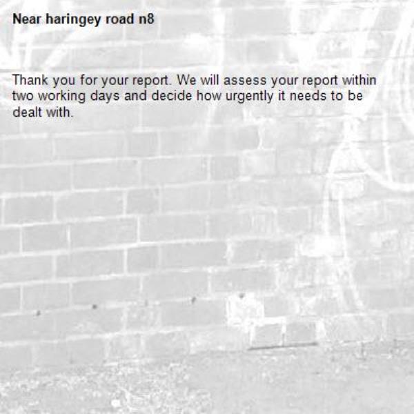 Thank you for your report. We will assess your report within two working days and decide how urgently it needs to be dealt with.-haringey road n8