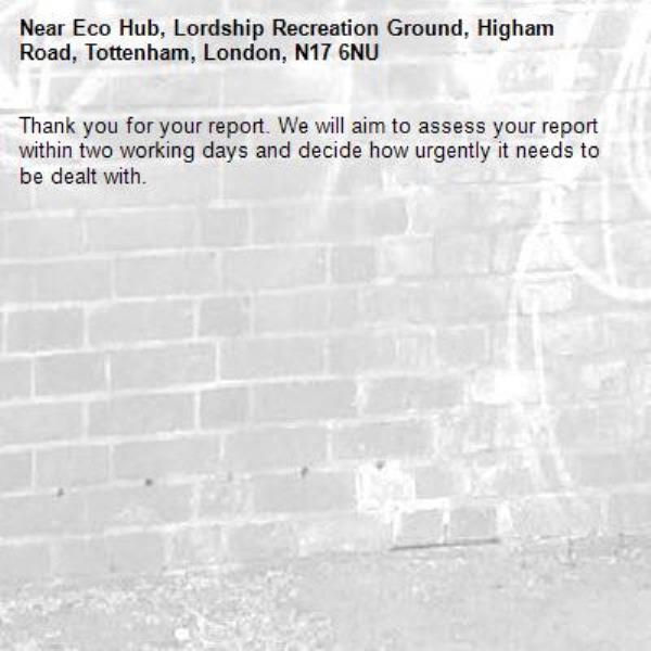 Thank you for your report. We will aim to assess your report within two working days and decide how urgently it needs to be dealt with.-Eco Hub, Lordship Recreation Ground, Higham Road, Tottenham, London, N17 6NU