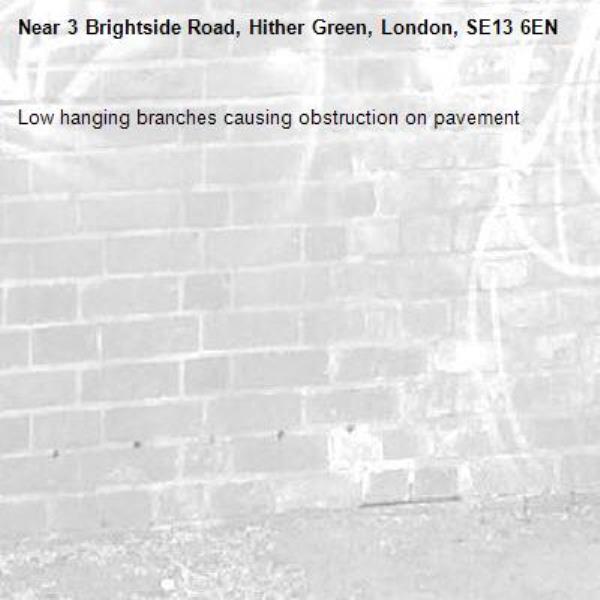 Low hanging branches causing obstruction on pavement-3 Brightside Road, Hither Green, London, SE13 6EN