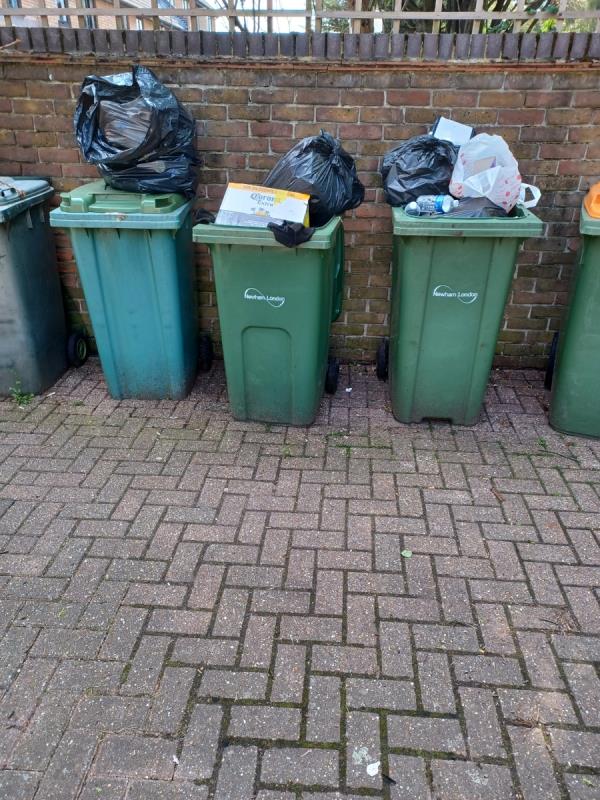 Can the council arrange for the refuse department to empty the bins  by the side of 38-48 Peridot Street Beckton. As you can see from the photo all  overflowing. They  need  larger  refuse  bins  as these are  always  overflowing. Thanks -1 Begonia Close, Beckton, London, E6 5ZH