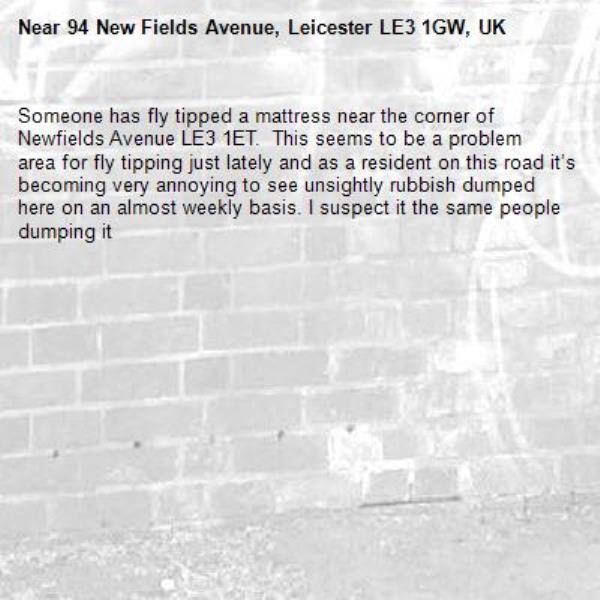 Someone has fly tipped a mattress near the corner of Newfields Avenue LE3 1ET.  This seems to be a problem  area for fly tipping just lately and as a resident on this road it’s becoming very annoying to see unsightly rubbish dumped here on an almost weekly basis. I suspect it the same people dumping it-94 New Fields Avenue, Leicester LE3 1GW, UK