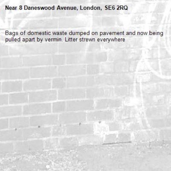 Bags of domestic waste dumped on pavement and now being pulled apart by vermin. Litter strewn everywhere -8 Daneswood Avenue, London, SE6 2RQ