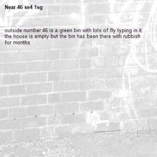 outside number 46 is a green bin with lots of fly typing in it. the house is empty but the bin has been there with rubbish for months-46 se4 1sg