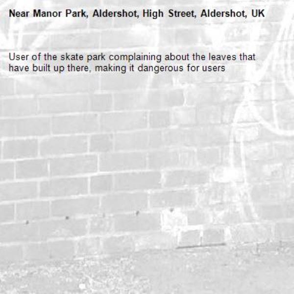 User of the skate park complaining about the leaves that have built up there, making it dangerous for users-Manor Park, Aldershot, High Street, Aldershot, UK