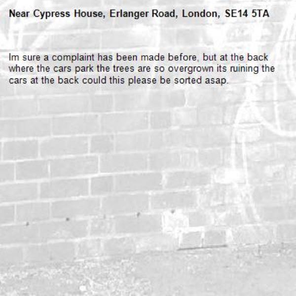 Im sure a complaint has been made before, but at the back where the cars park the trees are so overgrown its ruining the cars at the back could this please be sorted asap. -Cypress House, Erlanger Road, London, SE14 5TA