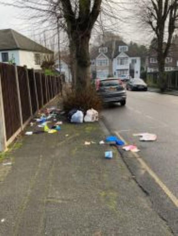 Rubbish dumped and spilling over pavement in Le May Ave. -52 Le May Avenue, London, SE12 9SU