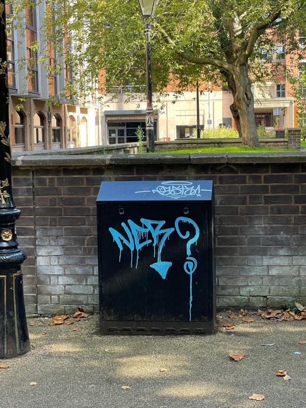 Graffiti on service box opposite 5b New Walk -11 New Walk, Leicester LE1 6TE, UK