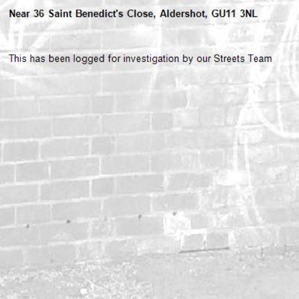 This has been logged for investigation by our Streets Team-36 Saint Benedict's Close, Aldershot, GU11 3NL