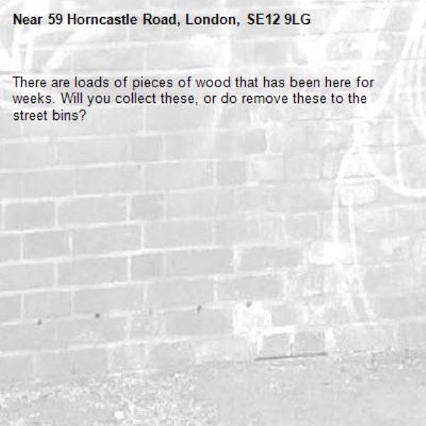 There are loads of pieces of wood that has been here for weeks. Will you collect these, or do remove these to the street bins?-59 Horncastle Road, London, SE12 9LG
