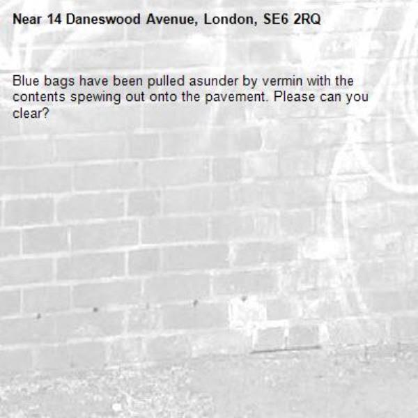 Blue bags have been pulled asunder by vermin with the contents spewing out onto the pavement. Please can you clear?-14 Daneswood Avenue, London, SE6 2RQ