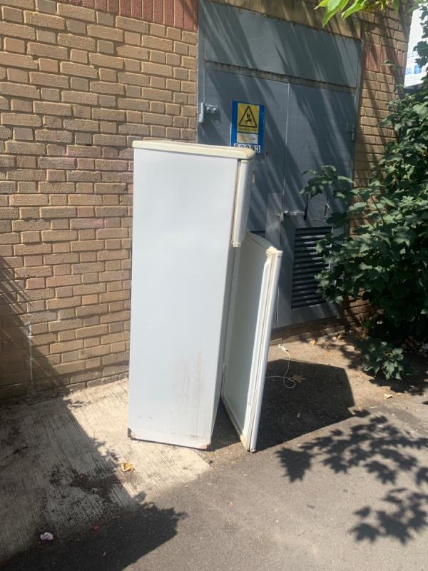 Fridge freezer to the right of entrance to Hastingwood Court Wellington Road next to Khalsa Autos. Very dangerous to small children who may climb inside close door -105 Wellington Road, London, E6 6EB