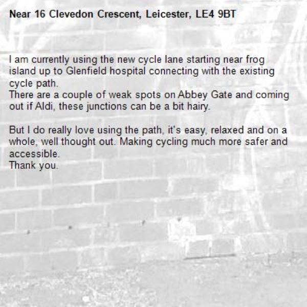 I am currently using the new cycle lane starting near frog island up to Glenfield hospital connecting with the existing cycle path. 
There are a couple of weak spots on Abbey Gate and coming out if Aldi, these junctions can be a bit hairy.

But I do really love using the path, it's easy, relaxed and on a whole, well thought out. Making cycling much more safer and accessible. 
Thank you.  -16 Clevedon Crescent, Leicester, LE4 9BT