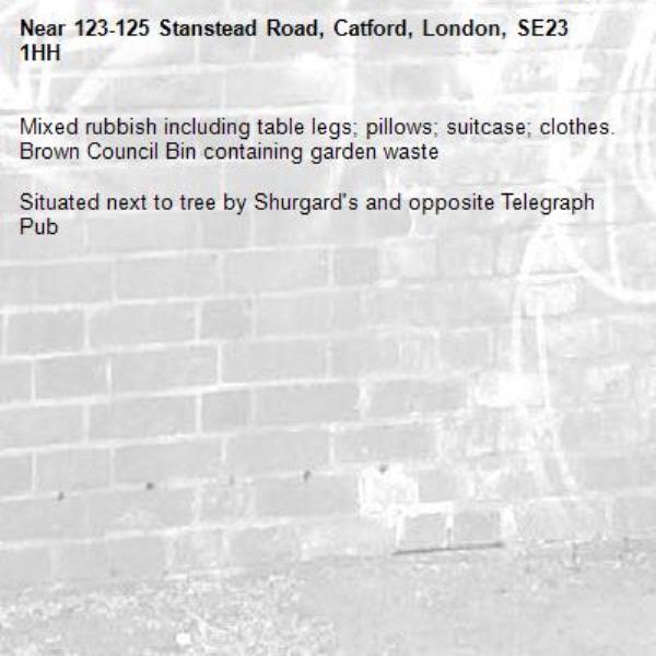 Mixed rubbish including table legs; pillows; suitcase; clothes.
Brown Council Bin containing garden waste

Situated next to tree by Shurgard's and opposite Telegraph Pub-123-125 Stanstead Road, Catford, London, SE23 1HH