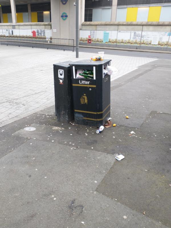 Both bins by bus stop G Custom House Station overflowing -1 Normandy Terrace, Canning Town, London, E16 3AS