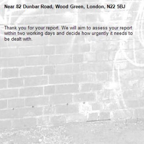 Thank you for your report. We will aim to assess your report within two working days and decide how urgently it needs to be dealt with.-82 Dunbar Road, Wood Green, London, N22 5BJ