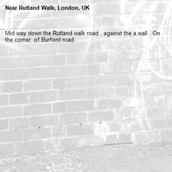 Mid way down the Rutland walk road , against the a wall . On the corner  of Burford road -Rutland Walk, London, UK