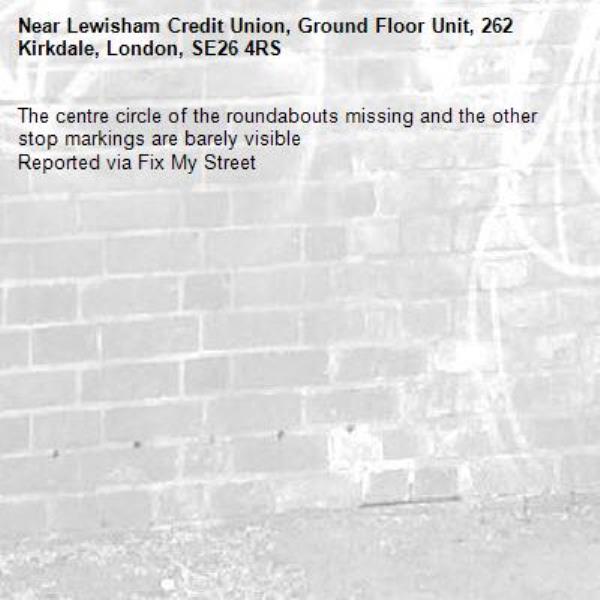 The centre circle of the roundabouts missing and the other stop markings are barely visible
Reported via Fix My Street-Lewisham Credit Union, Ground Floor Unit, 262 Kirkdale, London, SE26 4RS