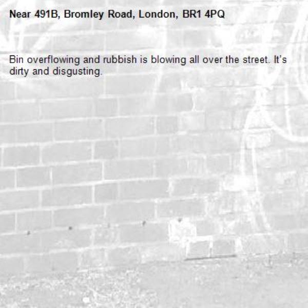 Bin overflowing and rubbish is blowing all over the street. It’s dirty and disgusting. -491B, Bromley Road, London, BR1 4PQ