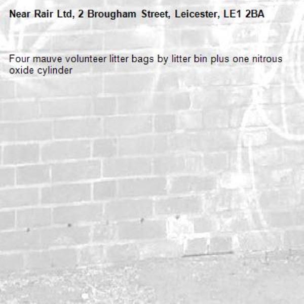 Four mauve volunteer litter bags by litter bin plus one nitrous oxide cylinder -Rair Ltd, 2 Brougham Street, Leicester, LE1 2BA