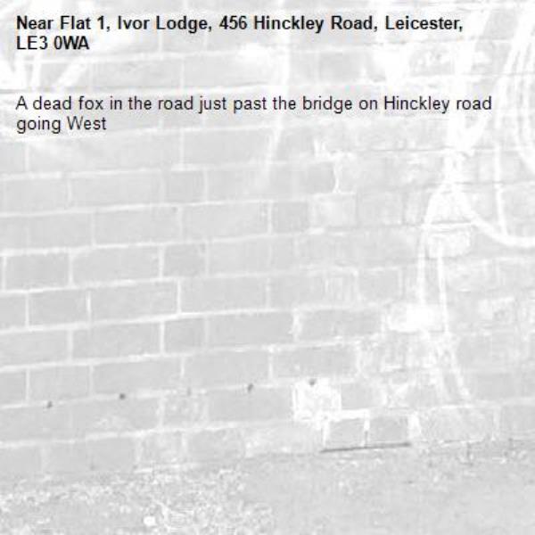 A dead fox in the road just past the bridge on Hinckley road going West-Flat 1, Ivor Lodge, 456 Hinckley Road, Leicester, LE3 0WA