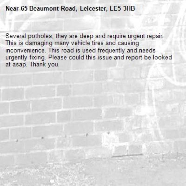 Several potholes, they are deep and require urgent repair. This is damaging many vehicle tires and causing inconvenience. This road is used frequently and needs urgently fixing. Please could this issue and report be looked at asap. Thank you. -65 Beaumont Road, Leicester, LE5 3HB