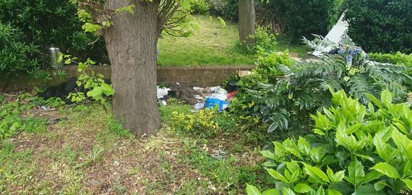 On the right hand side as you go into the carpark for Saints Drive. Lots of rubbish has been dumped -1 Saints Drive, Forest Gate, London, E7 0RF