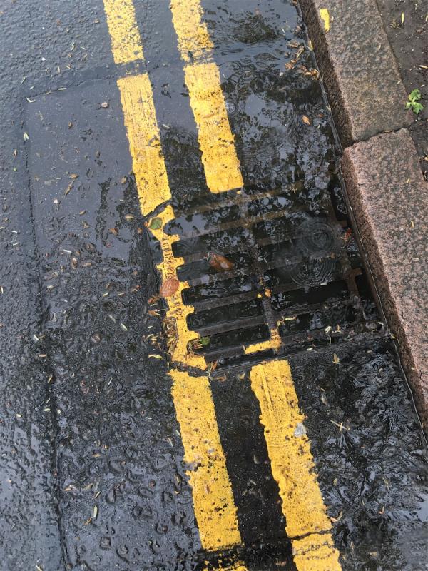 Blocked overflowing drain- on Victoria Pk Rd on the road outside the path/drive to WQE college-302 Victoria Park Road, Leicester, LE2 1XE