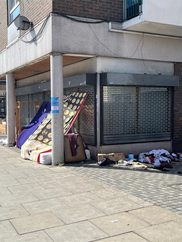 A small commune of homeless people have taken residence at the Manor Park Library. I hate walking by this area when I come home at night. I feel unsafe and there is a massive amount of rubbish surrounding this area. Please do something about it. -19 Station Road, Manor Park, London, E12 5BP