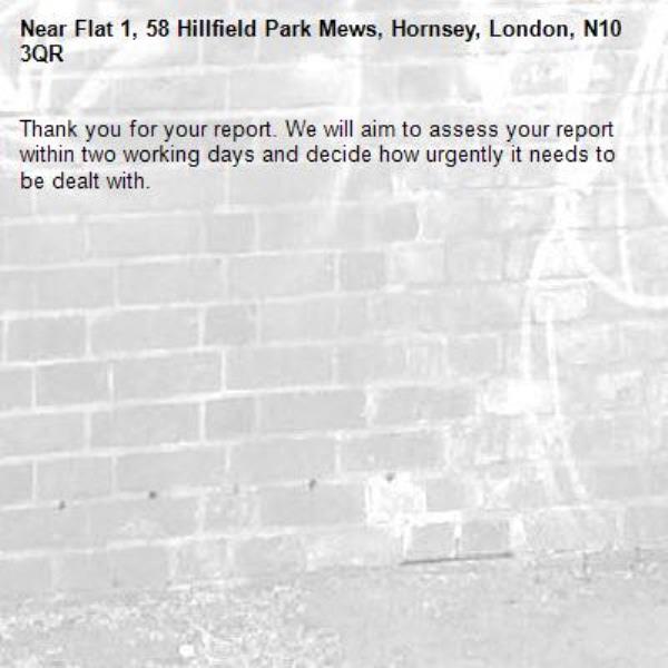 Thank you for your report. We will aim to assess your report within two working days and decide how urgently it needs to be dealt with.-Flat 1, 58 Hillfield Park Mews, Hornsey, London, N10 3QR