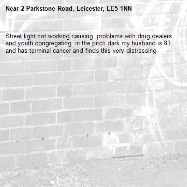 Street light not working causing  problems with drug dealers  and youth congregating  in the pitch dark my husband is 83 and has terminal cancer and finds this very distressing -2 Parkstone Road, Leicester, LE5 1NN