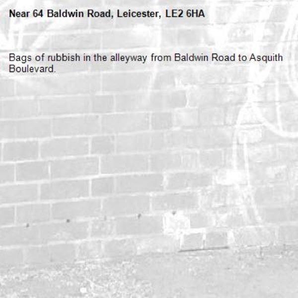 Bags of rubbish in the alleyway from Baldwin Road to Asquith Boulevard. -64 Baldwin Road, Leicester, LE2 6HA