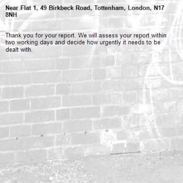 Thank you for your report. We will assess your report within two working days and decide how urgently it needs to be dealt with.-Flat 1, 49 Birkbeck Road, Tottenham, London, N17 8NH