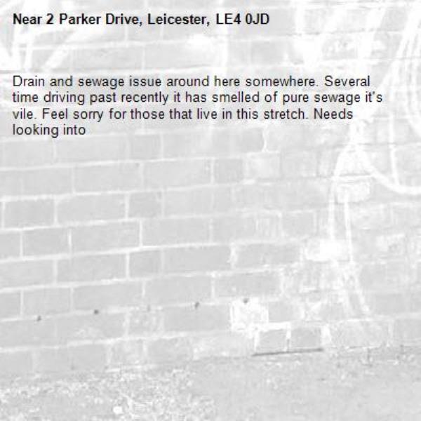 Drain and sewage issue around here somewhere. Several time driving past recently it has smelled of pure sewage it's vile. Feel sorry for those that live in this stretch. Needs looking into -2 Parker Drive, Leicester, LE4 0JD