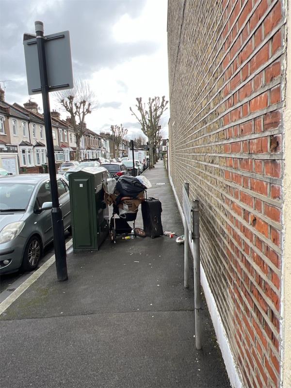 Pavement blocked by rubbish, as it often is in this longstanding hotspot-101 Hatherley Gardens, East Ham, London, E6 3HD
