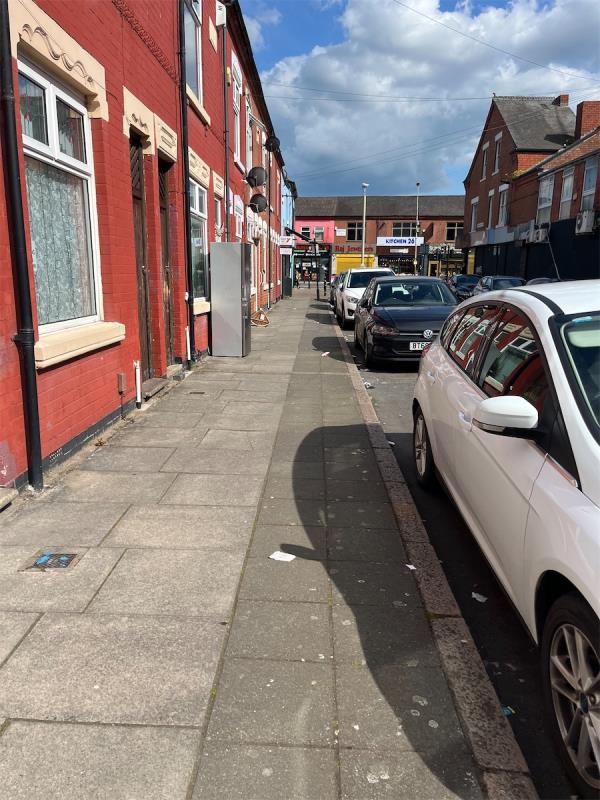 Fridge freezer has been left outside on the pavement 

Also a lot of litter  is on the street -21 Kensington Street, Leicester, LE4 5GP