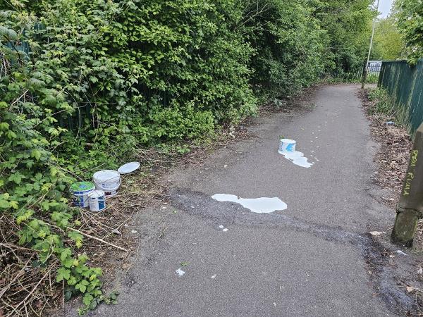 Paint tins dumped on the path between Rushey Mead School and Soar Valley on the Park side-Melton Road, Leicester