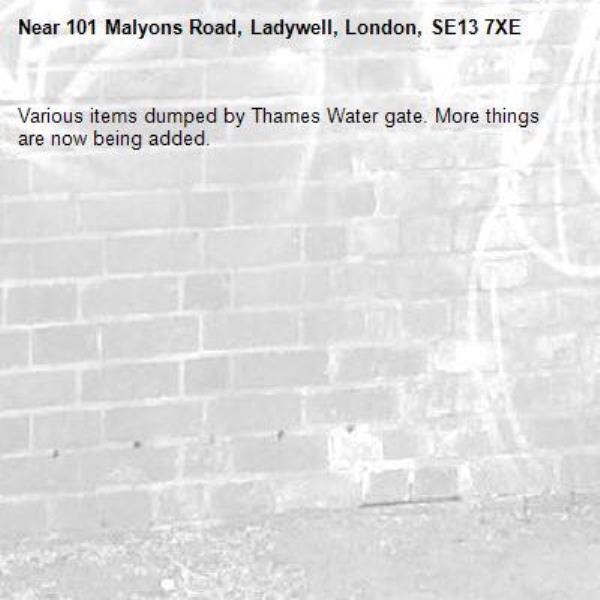 Various items dumped by Thames Water gate. More things are now being added.-101 Malyons Road, Ladywell, London, SE13 7XE