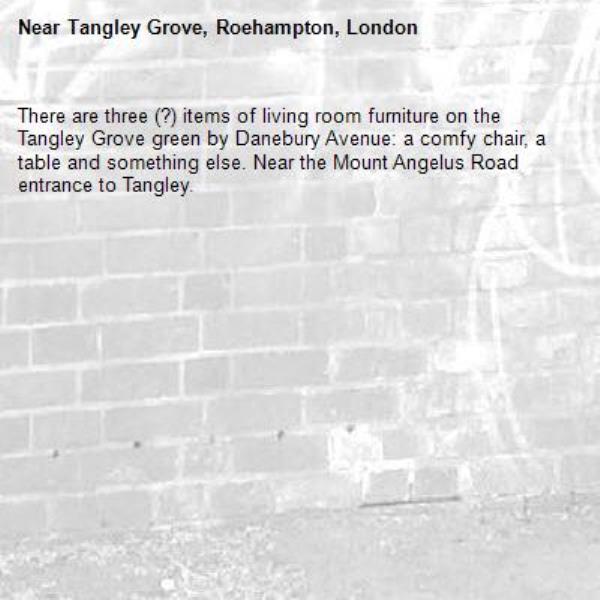 There are three (?) items of living room furniture on the Tangley Grove green by Danebury Avenue: a comfy chair, a table and something else. Near the Mount Angelus Road entrance to Tangley.-Tangley Grove, Roehampton, London