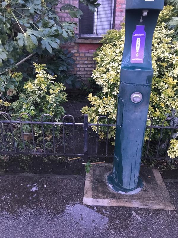 Water bottle refill station in park has sprung a continuous leak.-Ladywell Fields Public Convenience, Railway Terrace, Ladywell, London, SE13 7XA